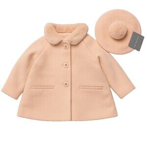 Tahari Baby Girls pink Coat with Faux Fur Collar & Matching Beret Hat | Size 18M